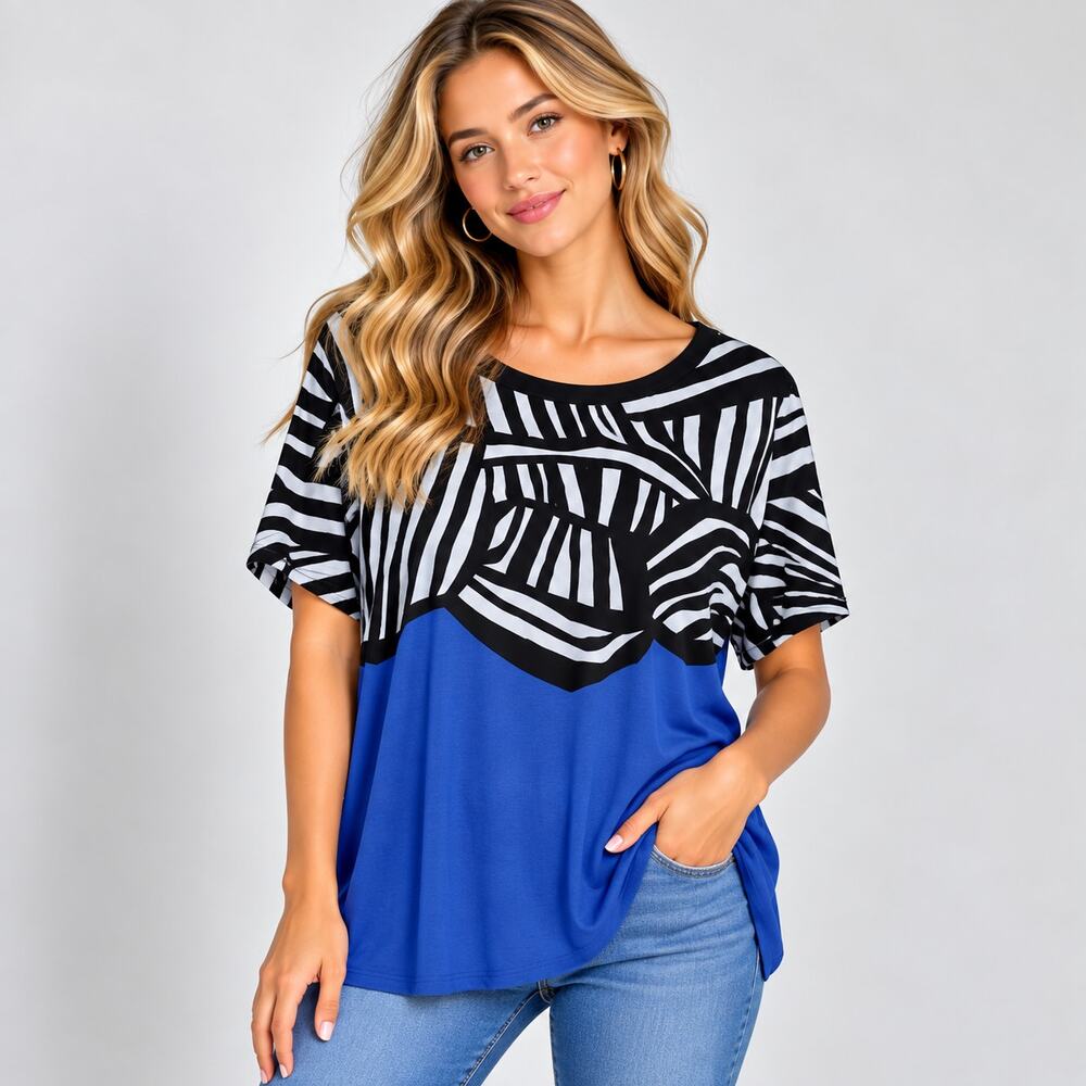 Susan Graver Liquid Knit Blouse Women's Size 1X Blue Black Zebra Office Casual